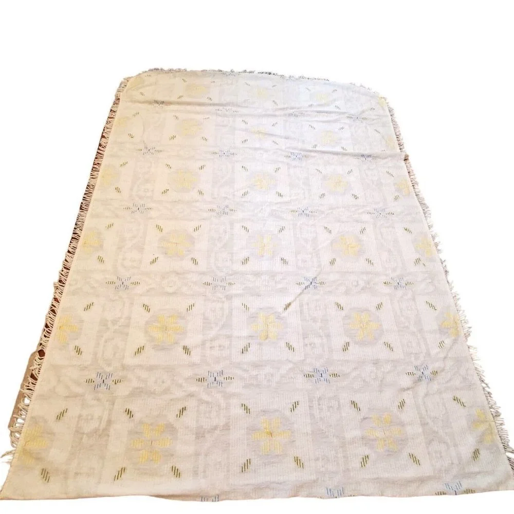 VTG 60s 70s Retro‎ White Chenille Floral Coverlet Comforter Queen Fringe 73X99